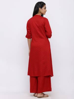 Red Rayon Slub Printed A-line Kurta 2