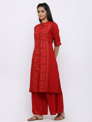 Red Rayon Slub Printed A-line Kurta 3