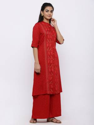 Red Rayon Slub Printed A-line Kurta 4