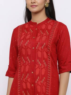 Red Rayon Slub Printed A-line Kurta 5