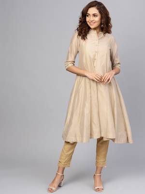 Beige Chanderi Embellished Jacket Style 2 Piece Kurta 1
