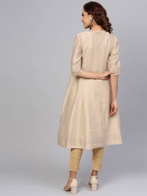Beige Chanderi Embellished Jacket Style 2 Piece Kurta 2