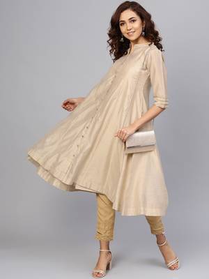Beige Chanderi Embellished Jacket Style 2 Piece Kurta 3