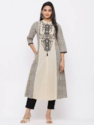 Beige Cambric Embellished A-Line Kurta 1