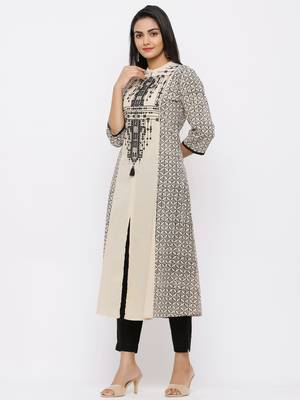 Beige Cambric Embellished A-Line Kurta 3