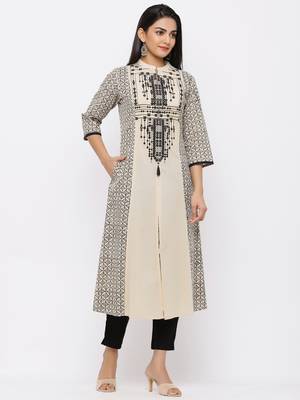 Beige Cambric Embellished A-Line Kurta 4