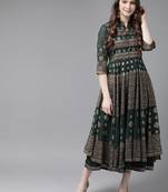 Jade Green Georgette Gold Foil Print Layered Ethnic Dress