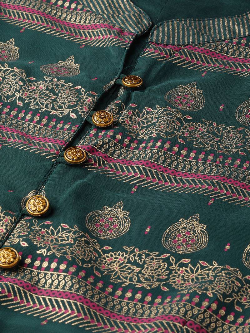 Jade Green Georgette Gold Foil Print Layered Ethnic Dress