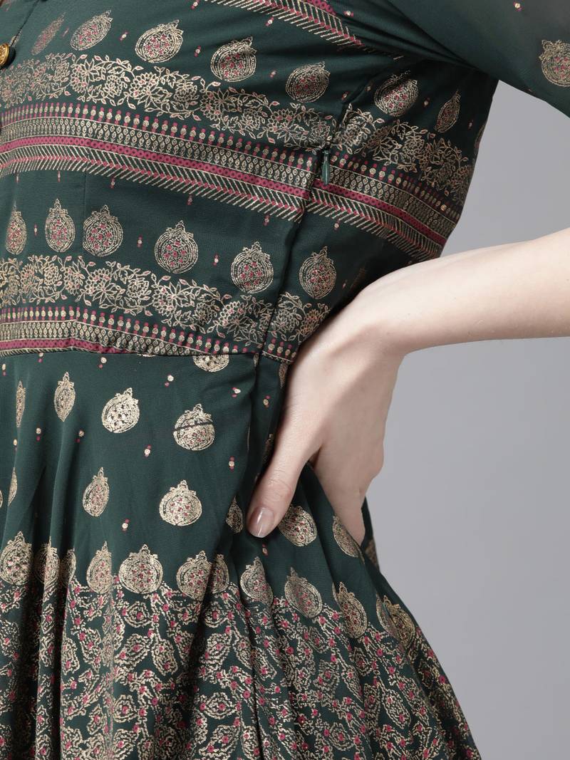 Jade Green Georgette Gold Foil Print Layered Ethnic Dress
