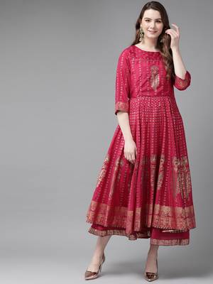 Fuschia Shantoon Gold Foil Print Layered Ethnic Dress 1