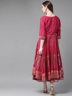 Fuschia Shantoon Gold Foil Print Layered Ethnic Dress 2