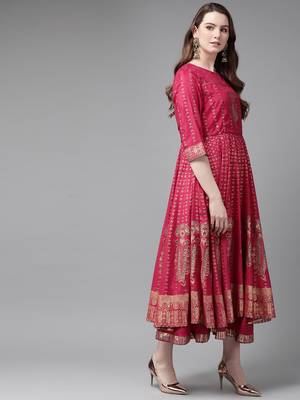 Fuschia Shantoon Gold Foil Print Layered Ethnic Dress 3