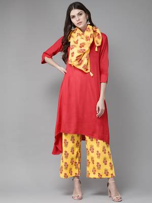 orange Rayon Solid Kurta with Printed Scarf 1