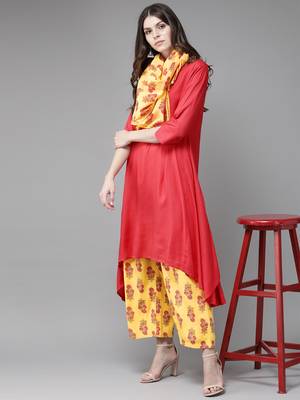 orange Rayon Solid Kurta with Printed Scarf 3