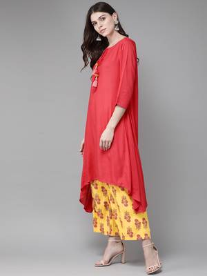 orange Rayon Solid Kurta with Printed Scarf 4