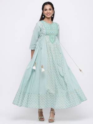 TurquioseCambric Embroidered Anarkali Kurta Dress 1