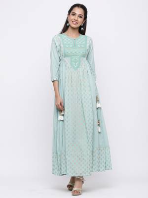 TurquioseCambric Embroidered Anarkali Kurta Dress 4