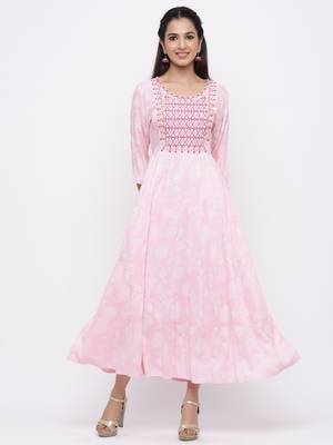 Baby Pink Rayon Embroidered Tiered Ethnic Dress 1