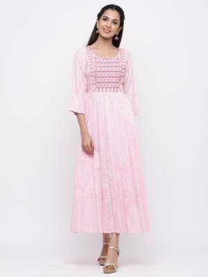 Baby Pink Rayon Embroidered Tiered Ethnic Dress 2