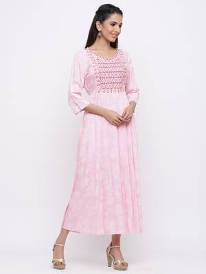 Baby Pink Rayon Embroidered Tiered Ethnic Dress 3