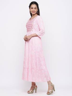 Baby Pink Rayon Embroidered Tiered Ethnic Dress 4