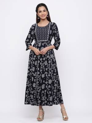 Indigo Rayon Embroidered Tiered Ethnic Dress 1