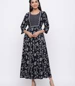 Indigo Rayon Embroidered Tiered Ethnic Dress