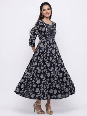 Indigo Rayon Embroidered Tiered Ethnic Dress 2