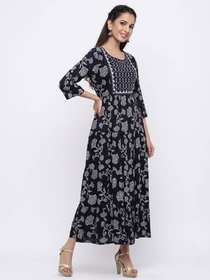 Indigo Rayon Embroidered Tiered Ethnic Dress 3
