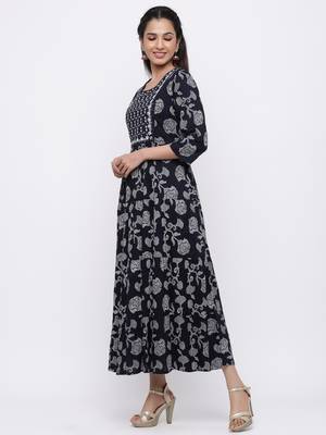 Indigo Rayon Embroidered Tiered Ethnic Dress 4