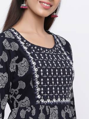 Indigo Rayon Embroidered Tiered Ethnic Dress 5