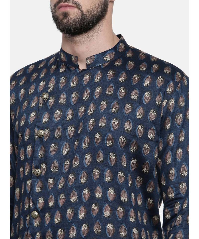 Mayank Modi Cotton Blue Block Printed Kurta Set