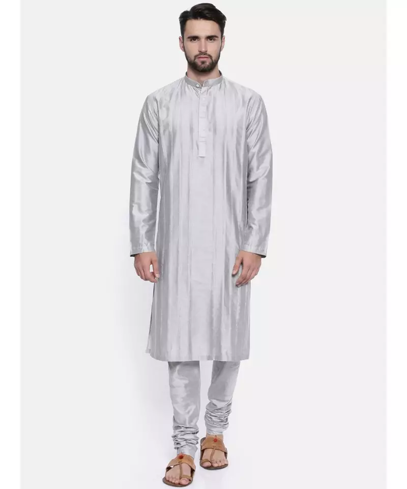 Mayank Modi Silver Grey Cotton Silk Kurta Set
