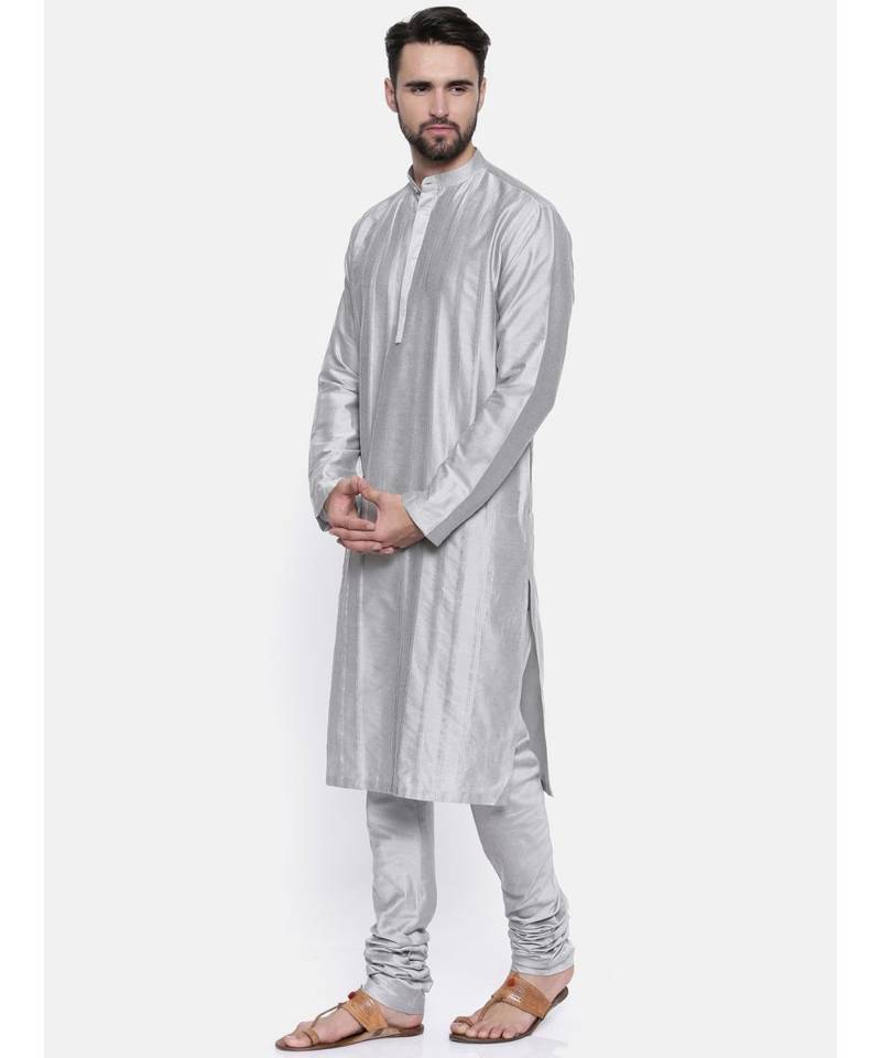 Mayank Modi Silver Grey Cotton Silk Kurta Set