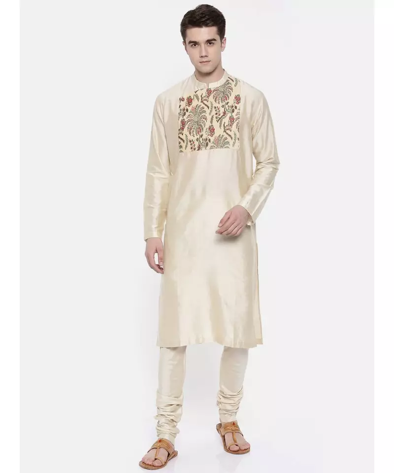 Mayank Modi Beige Chanderi Prinetd Kurta Set
