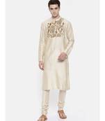 Mayank Modi Beige Chanderi Prinetd Kurta Set