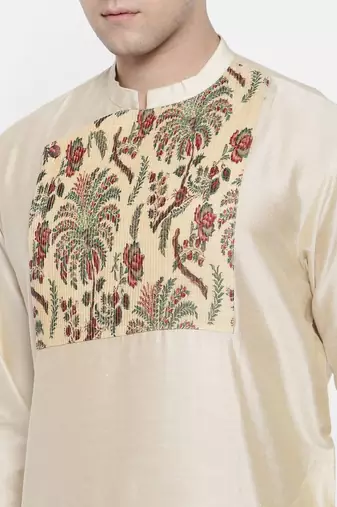 Mayank Modi Beige Chanderi Prinetd Kurta Set
