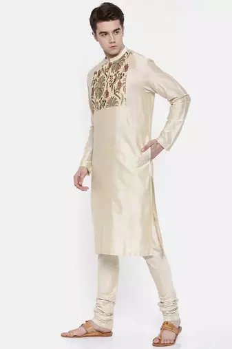 Mayank Modi Beige Chanderi Prinetd Kurta Set