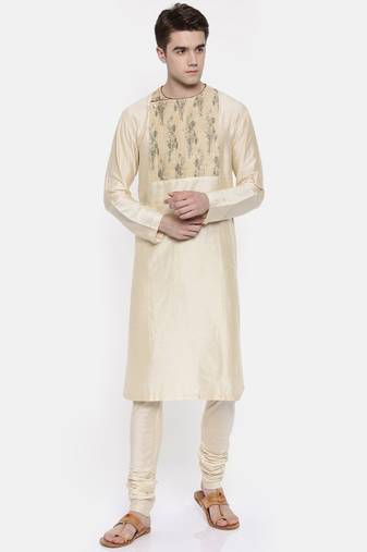 Mayank Modi Beige Chanderi Prinetd Kurta Set