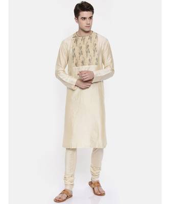 Mayank Modi Beige Chanderi Prinetd Kurta Set 1