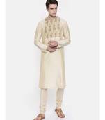 Mayank Modi Beige Chanderi Prinetd Kurta Set