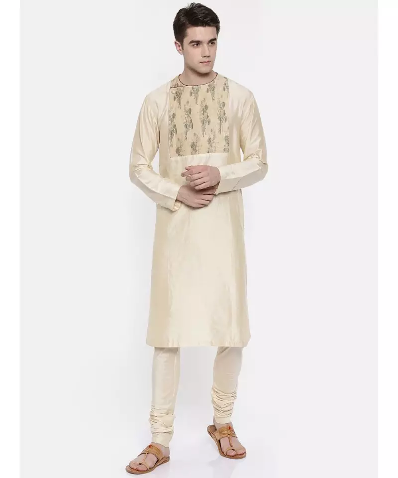 Mayank Modi Beige Chanderi Prinetd Kurta Set