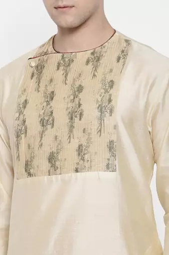 Mayank Modi Beige Chanderi Prinetd Kurta Set