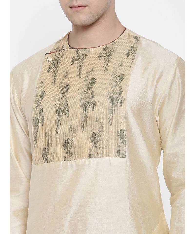 Mayank Modi Beige Chanderi Prinetd Kurta Set