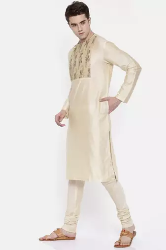 Mayank Modi Beige Chanderi Prinetd Kurta Set
