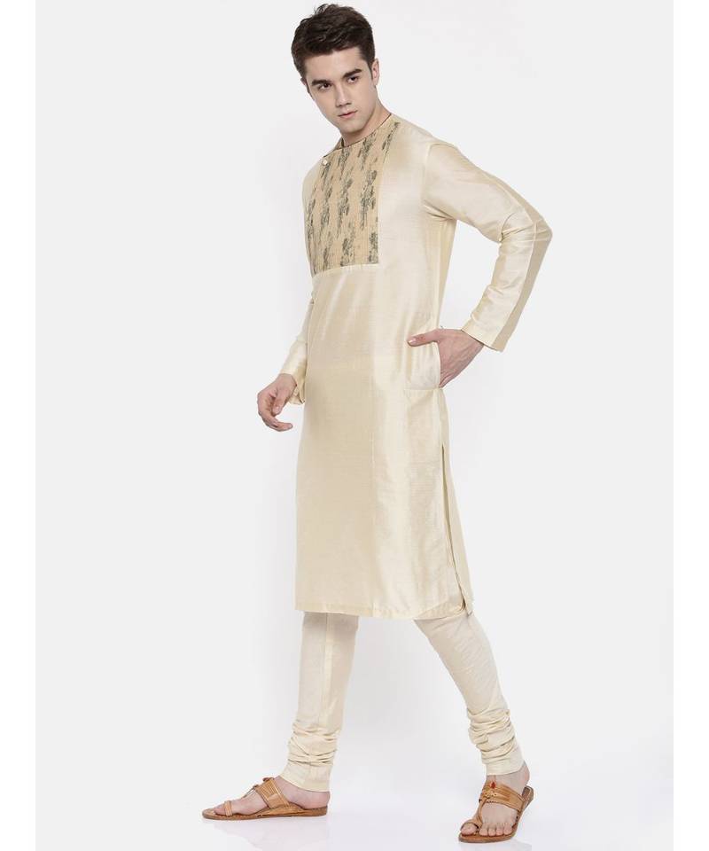 Mayank Modi Beige Chanderi Prinetd Kurta Set