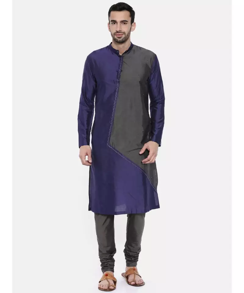 Mayank Modi Blue Grey Cotton Silk Kurta Set
