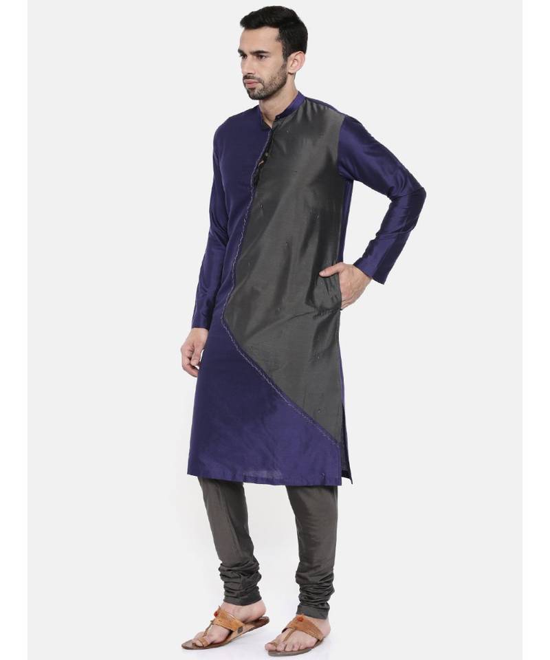 Mayank Modi Blue Grey Cotton Silk Kurta Set