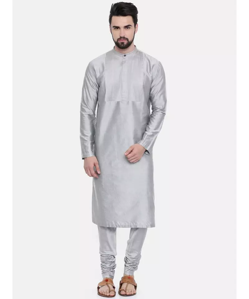 Mayank Modi Classic Silver Grey Pintucked Kurta Set
