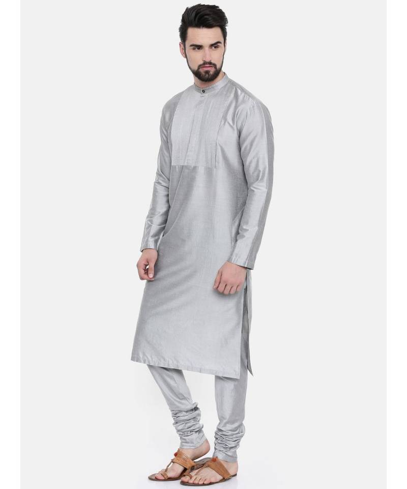 Mayank Modi Classic Silver Grey Pintucked Kurta Set